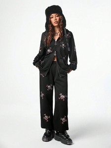 Conjunto Deportivo de Invierno Unisex 100% Algodón Negro con Pedrería, Sudadera con Cremallera y Pantalones, Ropa Urbana con Adornos, Conjunto Casual de 2 Piezas, Moda Y2K - Product Image 4