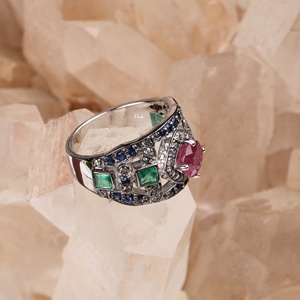 Vente en gros de bagues larges en argent sterling 925 massif avec rubis, émeraudes, saphirs et diamants naturels, bijoux Memoria - Product Image 4