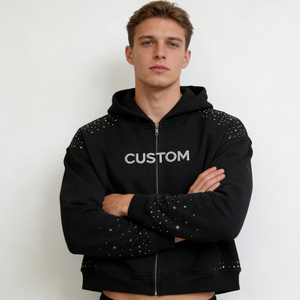 Street Casual Factory Wholesale Black <b>Studded</b> Zip up Cropped Oversized Customizable <b>Men</b> Hoodies - Product Image 1