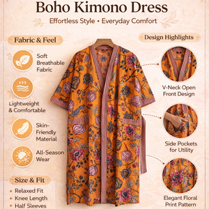 Bata Kimono de Algodón con Estampado Floral Naranja Hecha a Mano, Cuello en V, Mangas Largas, Ribete en Contraste, 2 Bolsillos, Cordón Ajustable, Largo, para el Hogar - Product Image 6