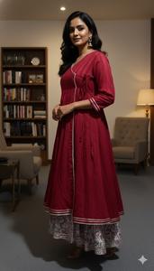 Robe Kurti Angrakha en coton pour femmes, couleur bordeaux, vêtements ethniques indiens traditionnels, avec nœud latéral, fabriquée à la main, protection solaire, robe longue pour les fêtes - Product Image 3