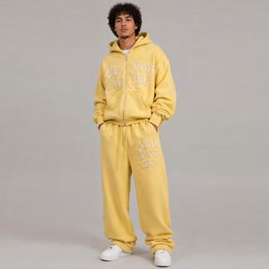 Wholesale Custom Distressed Embroidery Tracksuits Men Manufacturer Zipper Drop Shoulder Hoodie Baggy Sweatpants Jogger Set Mens - Product Image 2