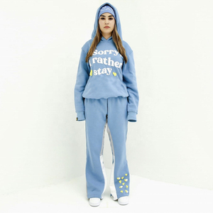 Unisex Oversized Sweatshirt Wide Leg Pants Set Casual Solid Printed 100% Cotton Loungewear Outfit Hooded Collar for Winter - Product Image 5