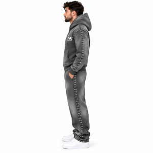 Men's Charcoal Gray Studded Zip Up Hoodie Tracksuit Set Washed Streetwear Jacket & <b>Wide</b> <b>Leg</b> <b>Jogger</b> Pants - Product Image 2