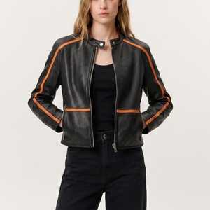 <b>Vintage</b> Racing Leather <b>Jacket</b> Custom Logo Printed Quick Dry Winter Black Orange Genuine Leather Biker Motorcycle <b>Jacket</b> - Product Image 3