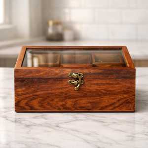 กล่องเครื่องเทศไม้ทำมือ, กล่องมาซาลาอินเดียแบบ 6 ช่อง, กล่องเก็บของในครัวพร้อมฝาแก้วและช้อน - Product Image 2