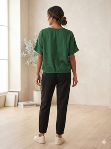 Chemisier vert en rayonne pour femme, col en V, manches courtes, épaules tombantes, coupe ample, décontracté, à nouer devant, écologique, idéal pour l'été - Product Image 2