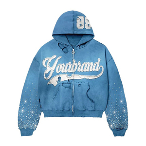 เสื้อฮู้ดซิปแบบหนา ผ้าฝ้าย 100% 400 GSM  ตกแต่งด้วยแพทช์เชนีลสีน้ำเงินประดับคริสตัล  สำหรับสตรีทแวร์ ยูนิเซ็กส์ - Product Image 4