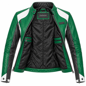 <b>Green</b> Womens Leather Jacket Genuine Cowhide <b>Motorbike</b> Racing Outerwear Slim Fit Sport Biker Riding Coat Snap Collar Cuffs - Product Image 5