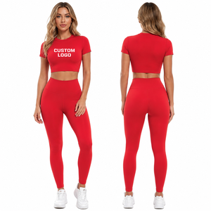 Conjunto de 2 Piezas para Mujer, Pantalones de Yoga de Cintura Alta, Top Corto de Manga Corta, Conjunto de Yoga de Algodón Acordonado, Conjunto de Leggings Cómodos - Product Image 2