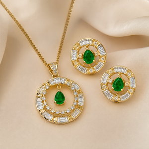 Luxury <b>Gold</b> Tone Diamond <b>Pendant</b> Necklace and Stud Earrings Set with Sparkling Baguette CZ Halo for Women Gift - Product Image 4