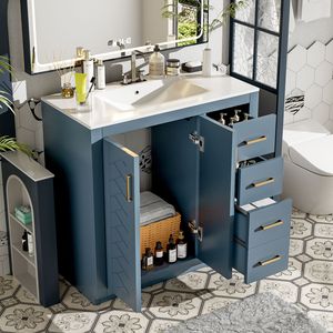 36-Inch <b>Bathroom</b> <b>Vanity</b> with Ceramic Sink Combo Solid Wood Frame Storage Cabinet 3-Drawer Freestanding <b>Vanity</b> Set - Product Image 2