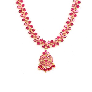 Conjunto de collar con piedra rosa rubí, chapado en oro de 22 quilates, latón, pera, marquesa, joyería nupcial elegante, regalo de boda para ella - Product Image 2