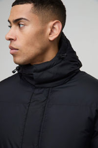 Veste matelassée à capuche mi-longue pour homme avec logo personnalisé OEM, en noir, coupe-vent et chaude, en duvet matelassé de haute qualité, vestes pour homme - Product Image 6