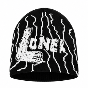 Gorro de Punto Jacquard Negro Personalizado con Diseño de Rayo, Estilo Urbano Y2K Vintage, Gorro de Calavera con Gráficos Jacquard, Gorro de Punto Cálido para Invierno - Product Image 1