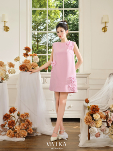Women's Sleeveless A-Line Mini <b>Dress</b> with Handmade Draped Floral Pink Feminine Casual Party <b>Dress</b> BLOOM - Product Image 2