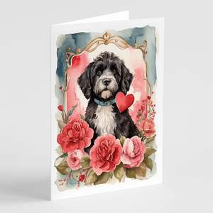Whimsical A7 tamaño 5x7 Perro de Agua portugués San Valentín rosas Paquete de tarjetas de felicitación 8 tarjetas de nota en blanco con sobres - Product Image 1
