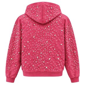 Rose <b>Pink</b> Pearl Zip Up <b>Hoodie</b> Luxury Crystal Studded Streetwear Jacket Long Sleeve Hooded Sweatshirt Casual Fashion Outerwe - Product Image 2