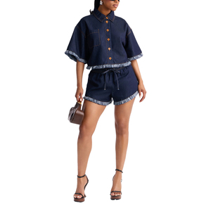 Women Solid Short <b>Denim</b> Top High Waist <b>Stretch</b> Ripped Frayed Hem Button Zipper Eco-Friendly Waterproof Summer Washed Custom - Product Image 1