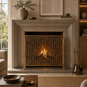Architectural <b>Grid</b> Design <b>Metal</b> Fireplace Screen with Heavy Duty Mesh Spark Guard Freestanding Hearth Protector Gold Finish - Product Image 1
