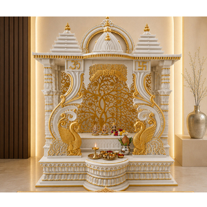 Diseño de Templo Tradicional Estilo Mayur Divino en Madera de Teca Tallada a Mano en Blanco y Dorado para Decoración de Muebles de Hogar y Sala de Pooja - Product Image 1