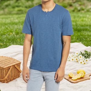 T-shirt à manches courtes pour homme, bleu, col rond, coupe classique, couleur unie, style décontracté, tissu jersey 100% coton - Product Image 5