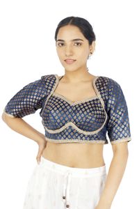 Blue Embroidered Silk Blouse <b>Crop</b> <b>Top</b> Woven Patchwork <b>Sequined</b> Button Detail Wedding Women - Product Image 4