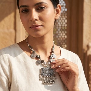 Bohemian Silver Tassel Pendant <b>Necklace</b>. Handcrafted with intricate detailing, this <b>statement</b> piece beautifully engraved - Product Image 5