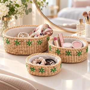 Ensemble de 3 paniers de rangement ronds en jacinthe d'eau, écologiques, modernes, personnalisables, avec doublure en tissu et broderie florale verte, vente en gros - Product Image 6
