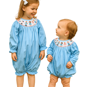 Vêtements pour enfants à smocks, vêtements pour filles, combinaison pour bébé, combinaison pour tout-petits, manches longues, tissu en coton bleu, de 3 mois à 10 ans - Product Image 1