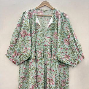 Vestido Casual Midi para Mujer, Tejido 100% Algodón, Estampado Floral, Manga Corta, Cintura Imperio, Estilo Babydoll, Cuello en V, Corte Holgado - Product Image 2