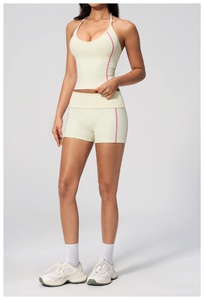 Cream Two Piece Yoga Set Halter <b>Crop</b> <b>Top</b> High Waist Shorts Contrast Stitch Seamless Breathable Spandex Polyester - Product Image 5