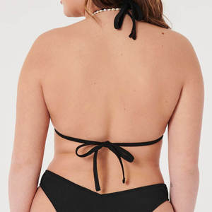 Conjunto de Bikini Negro Acanalado con Cuello Halter para Mujer, Traje de Baño de Dos Piezas, Braguita Hipster de Tela Elástica, Estampado de Secado Rápido, Ropa de Playa - Product Image 5