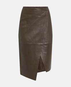 Jupe asymétrique en cuir pour femme, longueur genou, couleur unie, design brillant avec fente, taille normale, toutes saisons - Product Image 2