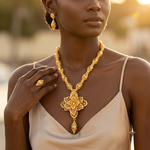 Conjunto de collar chapado en oro de estilo etíope de lujo para mujer, conjunto de joyería africana para boda con aretes a juego - Product Image 2