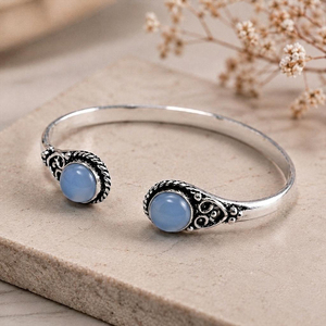 JewelryTownIN JT-009 Brazalete abierto de doble piedra de calcedonia azul Azure Glow, latón chapado en plata, joyería artesanal clásica, regalo - Product Image 3