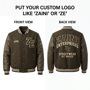 เสื้อแจ็คเก็ตวาร์ซิตี้ ZAINI 400 GSM พรีเมียมสำหรับผู้ชาย กันลม สีเทา-ดำ แขนเสื้อตัดกัน ปักลายเชนิลล์ โลโก้สั่งทำได้ สไตล์ไฮสตรีท - Product Image 1