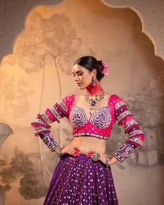 Pink Purple Cotton Lehenga Choli Block Print Embroidered Blouse Crop <b>Top</b> Pleated Floor-Length Skirt <b>Indian</b> Wedding Party Dress - Product Image 2