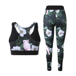 Women's Floral <b>Pink</b> Cockatoo Yoga Set Racerback Sports Bra High Waist <b>Leggings</b> 2 Piece Workout Activewear Spandex Polyester - Product Image 2