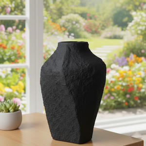 Vase à fleurs en métal noir mat texturé effet pierre, élégant, fait main, décoration moderne pour la maison, pièce maîtresse, unité unique uniquement - Product Image 1
