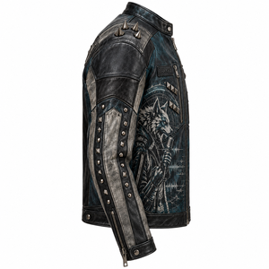 Custom Mens Genuine Leather Jacket Blue Grey Distressed Wolf Graphic Printed Spiked <b>Studded</b> Biker Moto Outerwear Coat Factory - Product Image 3