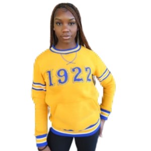 Sudadera de chenilla Sigma Gamma Rho 1922 para mujer, dorada y azul, con bolsillo raglán, cuello redondo, jersey de hermandad - Product Image 1