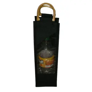 उपहार खरीदारी के लिए सामने की पारदर्शी खिड़की के साथ लकड़ी का बेंत हैंडल, एक बोतल नायलॉन फैब्रिक वाइन बैग