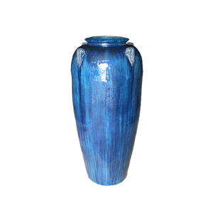 Classic Blue Glazed <b>Clay</b> Vase Winged Handles Indoor Flower Pot Vintage Style Eco-Friendly Decorative Plant Container Drainage - Product Image 1