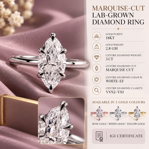 Anillo de Diamante Cultivado en Laboratorio con Corte Marquise de Jain Casting, Oro de 18 Quilates, 3 Quilates, Blanco, EF, VVS2, VS1 |   Anillo de Compromiso de Joyería Fina con Certificación IGI - Product Image 5