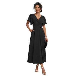 Elegante vestido negro de corte A hasta la rodilla con cuello en V y manga corta, transpirable, para primavera/verano, vestido de fiesta de noche para mujer - Product Image 4