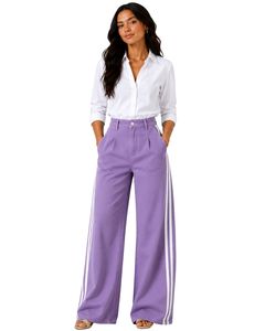 Jean en denim violet lavande pour femme, taille haute, coupe large, avec bande latérale blanche, coupe ample, en coton, pantalon décontracté et tendance - Product Image 1