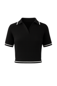 Polo de Punto Acanalado de Manga Corta Clásico para Mujer con Ribete en Contraste, Top Elegante Casual para Oficina y Uso Diario, Venta al Por Mayor - Product Image 3