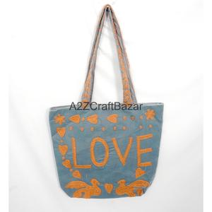 Indian Womens Bohemian Velvet Quilted Cotton Tote <b>Bag</b> Handcrafted Striped Shoulder Shopping <b>Bags</b> Large <b>Long</b> Handle - Product Image 1