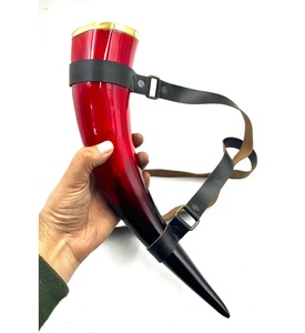 <b>Large</b> Viking Horn <b>Cup</b> Red Finish with Leather Holder Medieval Drinkware - Product Image 1